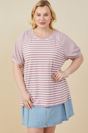 HY9217 Lavender Womens Mixed Stripe Raglan Puff Sleeve Knit T Shirt Front